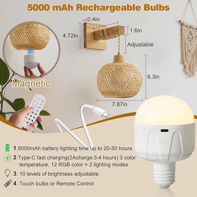 Vitnucrol Bamboo Battery Operated Wall Sconces Set of 2, Rechargeable Rattan Cordless Battery Powered Wall Lights/Lamps with Remote, Woven Boho Wireless Decor Lighting Fixture for Living Room Bedroom