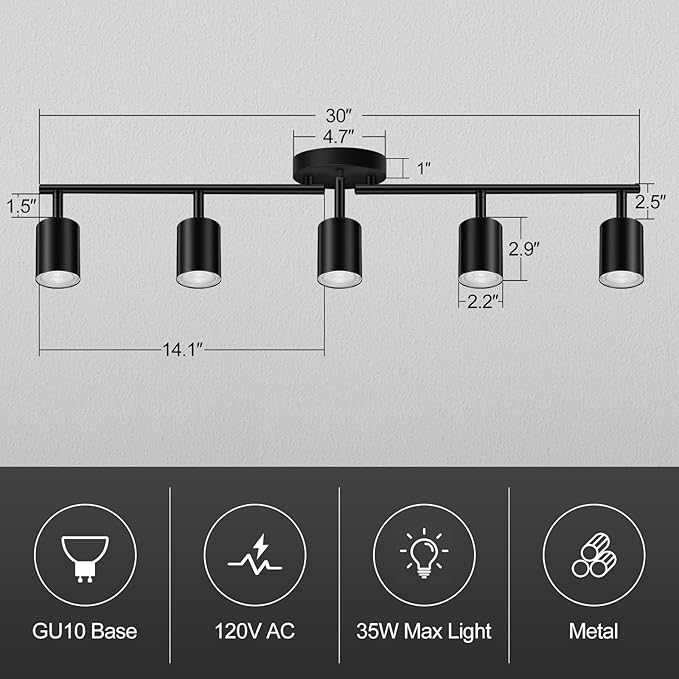 Track Lighting, Track Lighting Fixtures Ceiling Kit, Black Ceiling Lights for Kitchen, 30" Ceiling Spotlight, 5 Light Ceiling Spotlight with Rotatable Heads, Modern Wall Lighting(GU10 Socket, NO Bulb)