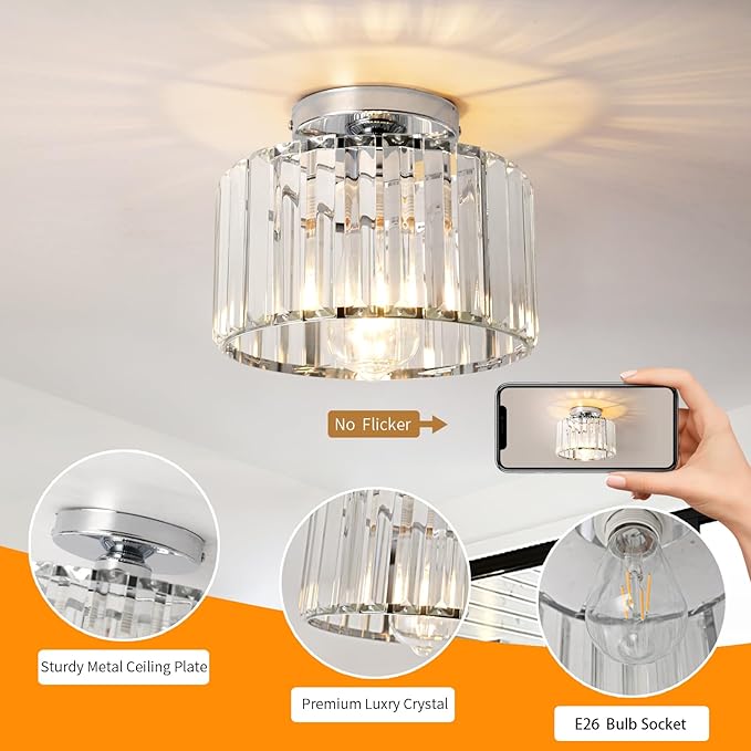 9 Inch Chrome Crystal Ceiling Light Fixture - Modern Semi-Flush Mount Chandelier with Premium Crystals for Entryway, Dining Room, Bedroom, Kitchen