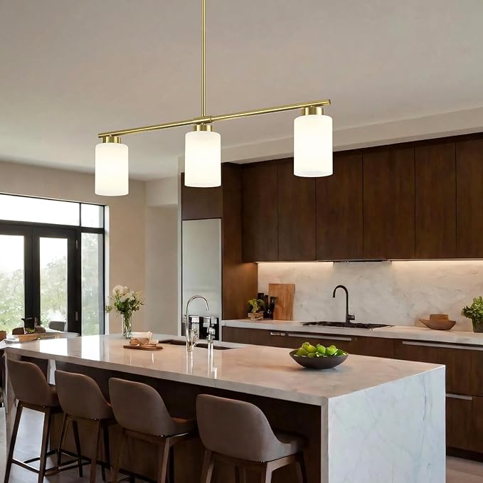 3-Light Gold Kitchen Island Lighting 31" Pendant Light with Milk Glass Shade Adjustable Height Linear Chandelier for Dining Room Modern Farmhouse Light Fixture Over Table Bar Living Room Foyer, E26