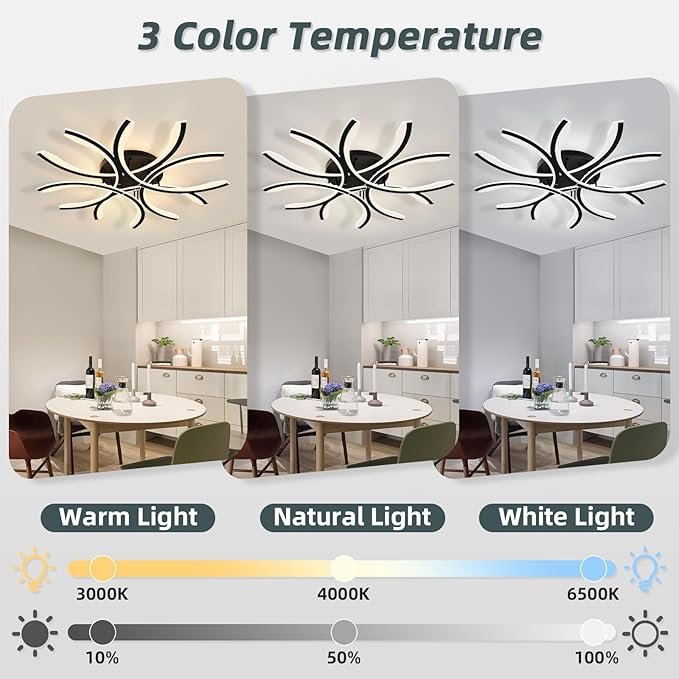 Modern LED Flush Mount Ceiling Light - 12 Lights Dimmable Close-to-Ceiling Fixture with Remote Control, 144W 3000K-6500K Adjustable Color Temperature for Bedroom, Living Room (Black)