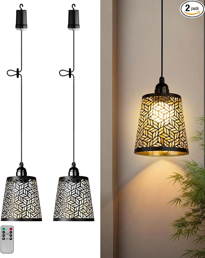 Battery Operated Chandelier with Remote, IP44 Waterproof Outdoor Pendant Light, No Wiring Needed Gazebo Lights for Porch, Patio, Balcony, Pergola, Shed, Home Decor (Petal Pattern)