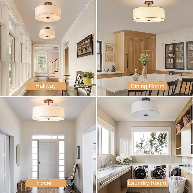 Bargeni Semi Flush Mount Ceiling Light Fixture,16 inch Drum Flush Mount Ceiling Light,Modern Light Fixtures Ceiling Mount with Oil Rubbed Bronze Finish,Semi Flush Ceiling Light for Bedroom,Living Room