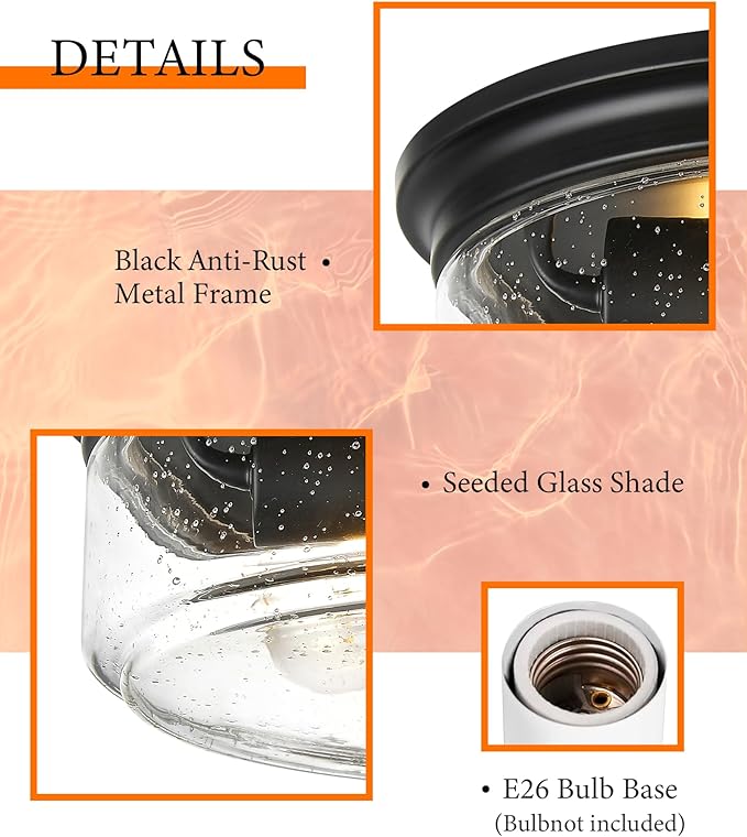 Black Flush Mount Ceiling Light, 12 Inch 2-Light Industrial Farmhouse Ceiling Light Fixture with Seeded Glass Shade, Flush Mount Light for Kitchen, Hallway, Entryway, Bedroom