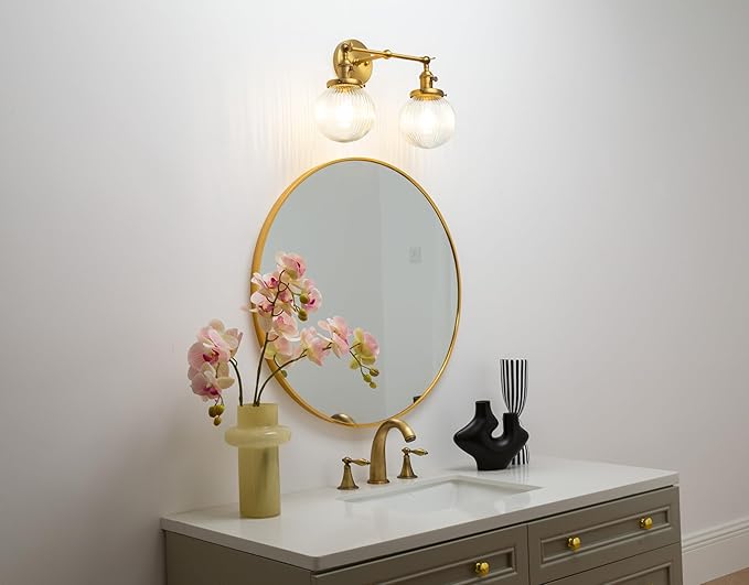 PERMO 2 Lights Sconce with Switch Industrial Gold Wall Sconce Lighting with Ribbed Globe Lampshade Vintage Double Wall Sconce Bathroom Sconce, Hardwired, E26 Base