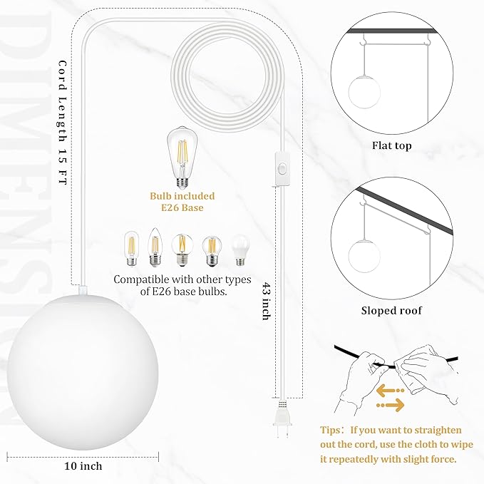 KoKo&Yukina 10" Globe Pendant Light White Plug in Pendant Light Adjustable Hanging Lights with Plug in Cord Matte White Finished with Milk Glass Lampshade for Bedroom Kitchen Island (Bulb Included)