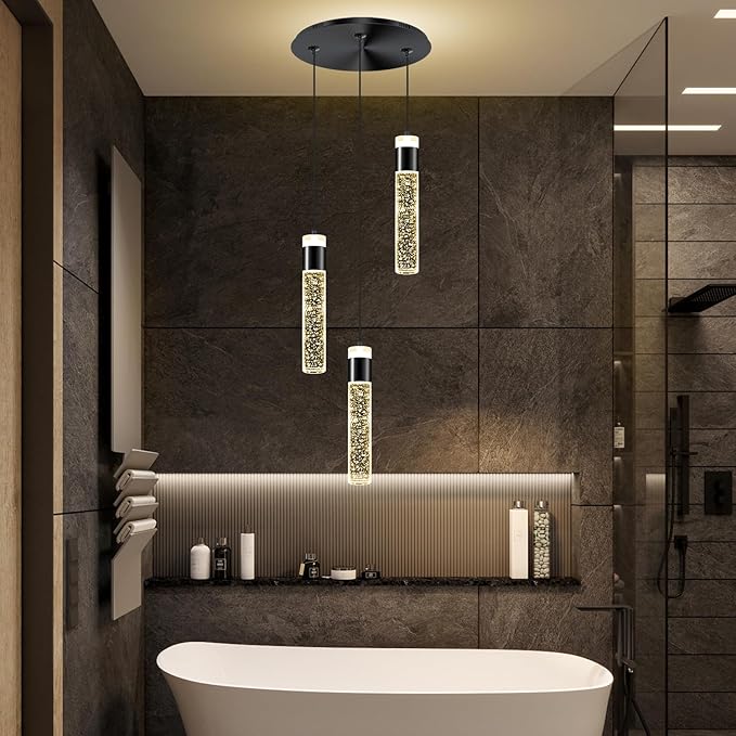 3-Light Pendant Lights Kitchen Island Black Crystal Column Chandelier Modern Dimmable LED Pendant Light for Dinning Room Living Room