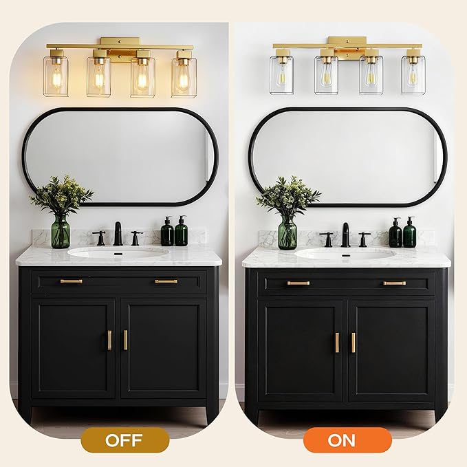 PARTPHONER 4-Light Bathroom Light Fixtures, Brushed Gold Modern Vanity Lights, Bathroom Lighting Fixtures Over Mirror, Square Design Farmhouse Wall Sconces with Clear Glass Shades