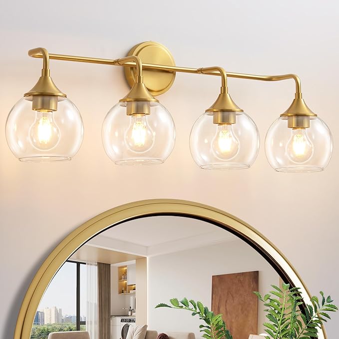 Bathroom Vanity Light Gold, 4 Light Bathroom Light Fixtures Over Mirror with Clear Glass Shade, 31 inch Vanity Lights for Bathroom Farmhouse (Exclude E26 Bulb)