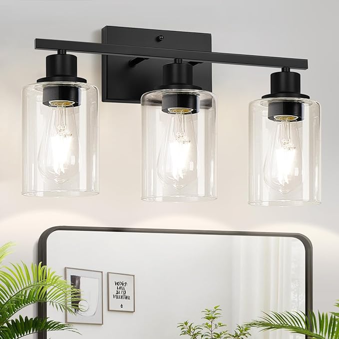 MOKATNG 3-Light Bathroom Light Fixtures, Vanity Light with Clear Glass Shades, Matte Black Bathroom Light Fixtures Over Mirror, Modern Bathroom Wall Lamp for Mirror Living Room Cabinet Bedroom
