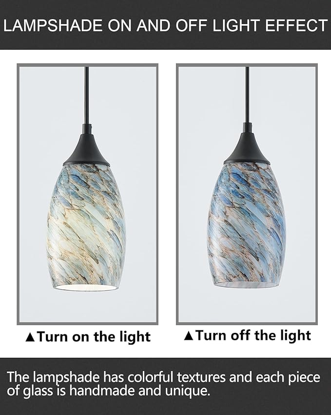 ANYLOVE Vintage Art Pendant Blue Pebble Lighting,1-Pack Hand Glass Hanging Light Fixture,Adjustable Cord for Kitchen,Hallway,Dining Room