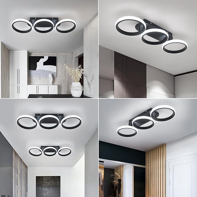 Modern LED Ceiling Light, 3-Round Rings Flush Mount, 30W 6000K Cool White, Bedroom Living Room Kitchen Office Lighting