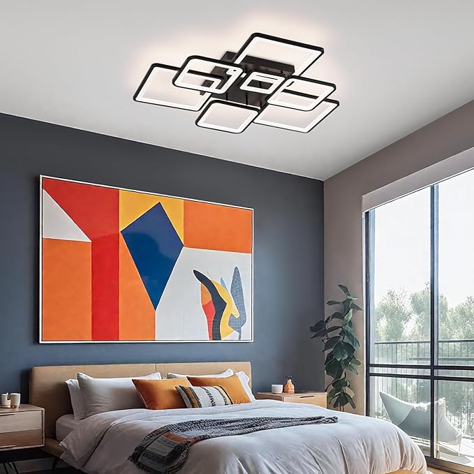 Modern LED Ceiling Light 35.04" Dimmable Black Flush Mount Ceiling Light with Remote 7 Rings 90W 3000K-6500K Ceiling Lamp for Living Room,Bedroom,Kitchen