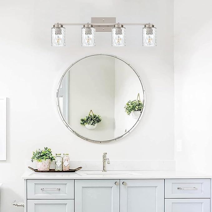 4-Light Tracking Lights Brushed Nickel Rotatable Flush Mount Ceiling Light with Clear Hammered Shade, Modern Bathroom Ceiling Vanity Lights Flexibly Light for Foyer Art Wall Kitchen Hallway