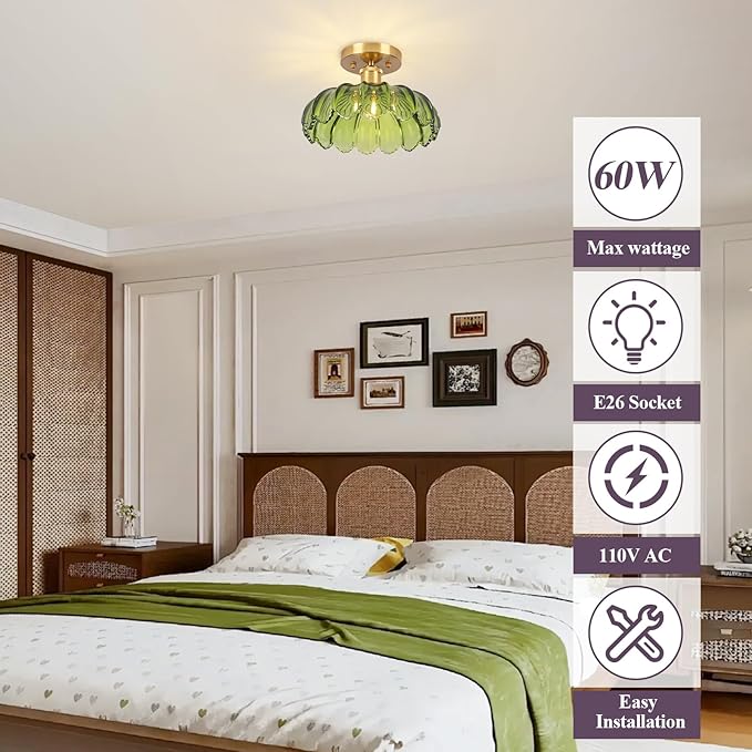 Hallway Lights Fixture Ceiling,Greem Semi Flush Mount Ceiling Lights,9.8" E26 Vintage Light Fixtures for Closet Hallway Kitchen Dining Room