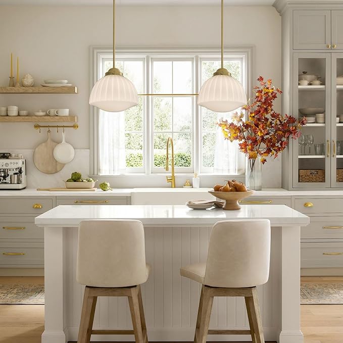 Milk Glass Pendant Light, 11" Brass Semi Flush Mount Pendant Light, Antique White Pleated Glass Chandelier, for Kitchen Island Lighting, Hallway, Bedroom, Dining Room, Foyer, E26 Bulb Included