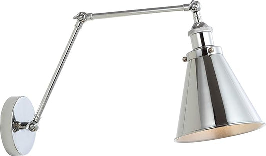 JONATHAN Y 7" Chrome Classic Industrial Metal Adjustable Arm LED Wall Sconce for Bedside Reading, Farmhouse Swing Arm Wall Lamp with Metal Shade, Hardwired JYL7460A