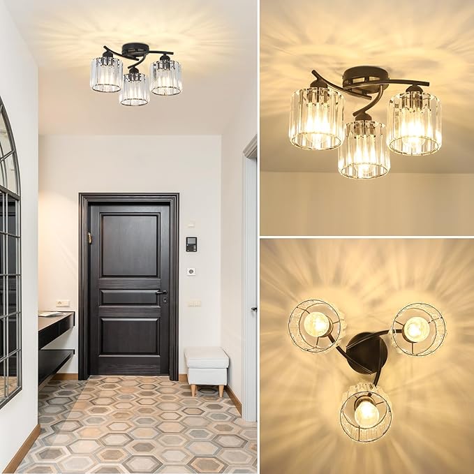 Crystal Semi Flush Mount Ceiling Light,3-Light Black Close to Ceiling Light Fixtures,Kitchen Light Fixture with Clear Crystal Shades,Hallway Light Fixtures for Kitchen Entryway Bedroom Bathroom