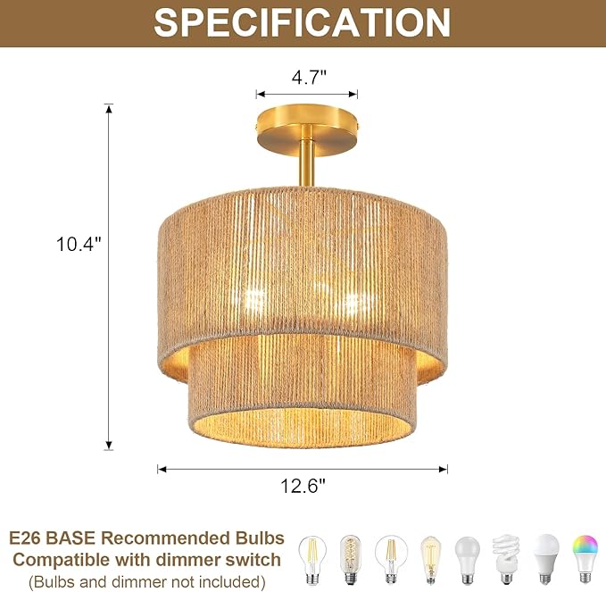 3-Light Boho Light Fixtures Ceiling Mount, 12.6" Rattan Semi Flush Ceiling Light with 2-Tier Shade, Rustic Hand-Woven Chandelier for Hallway Kitchen Foyer Farmhouse Bedroom