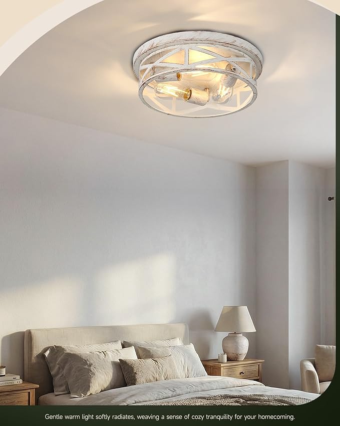 1 Pack Flush Mount Ceiling Light, 3-Light Close to Ceiling Light Fixtures, 13 Inch Metal Ceiling Lights for Bedroom, Living Room, Porch Kitchen (White + Gold)