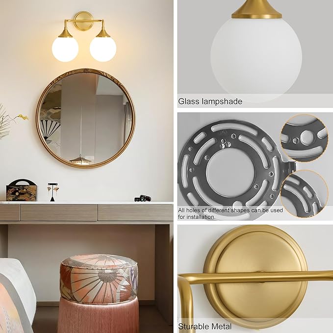 Gold Bathroom Light Fixtures, Modern Vanity Lighting Over Mirror, Mid Century Modern Matte Black Wall Sconce 2-Light with Milky White Glass Ball Shades