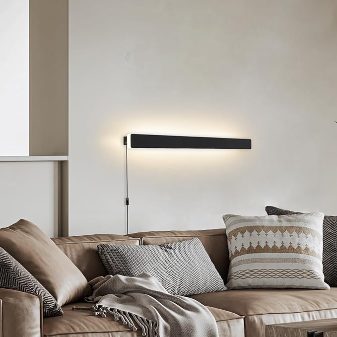 KELUOLY Modern Plug in Wall Sconces, 23.6 inch Frosted Black LED Long Wall Lights, 12W Warm White 3000K Acrylic Indoor Wall lamp,with 59" Plug Cable for Bedroom, Living Room, Bathroom Makeup, Hallway