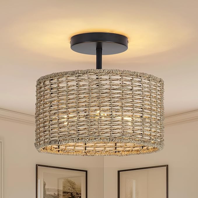 Boho Light Fixtures Ceiling Mount,12.6" Rattan Ceiling Light Fxiture,3-Light Semi Flush Mount Light Fixture,Farmhouse Wicker Ceiling Light for Hallway Bedroom Kitchen Nursery Entryway