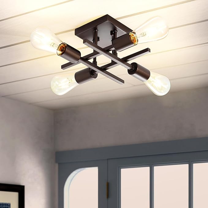 Industrial 4-Light Semi Flush Mount Ceiling Light Fixture, Modern Oil Rubbed Bronze Chandelier Lighting, Farmhouse Sputnik Ceiling Lamp with E26 Bulb Base for Living Room Hallway, 2 Pack