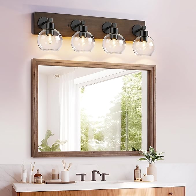 Farmhouse Bathroom Vanity Light Fixtures, Bathroom Light Fixtures Over Mirror,4-Light Rustic Black Wood Wall Sconces, Vintage Vanity Light for Bathroom with Clear Glass Shade (Black, 4-Light)