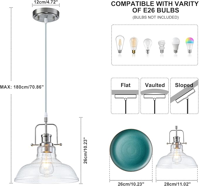 WILON Seeded Glass Pendant Lights,11 Inch Sand Nickel Pendant Lights Kitchen Island with E26 Base Vintage Hanging Ceiling Lamp for Kitchen Sink Hallway Dining Room Entry Hall(Sand Nickel Color)