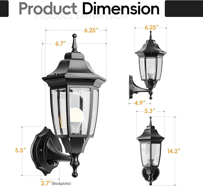 EMART Dusk to Dawn Outdoor Porch Light, Exterior Anti-Corrosion, Waterproof Aluminum & Glass Shades Wall Lamp Fixture, Modern Sconce Lantern for Yard, House, Garage - 1 Pack, Black （Bulb Included）