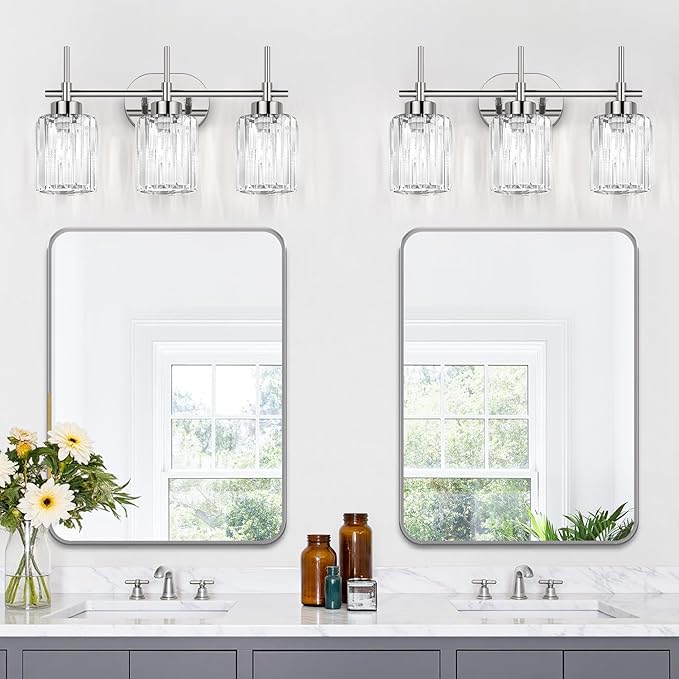 Modern Crystal Bathroom Vanity Light, 3-Light Chrome Vanity Light with Clear K9 Crystal Shades, Bathroom Light Fixtures Over Mirror (Bulbs Not Included)