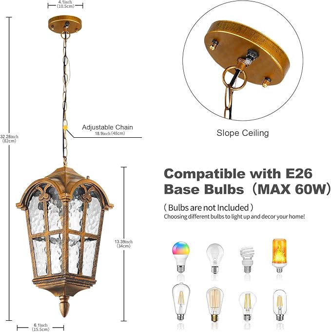 Dusk to Dawn Outdoor Pendant Lights for Porch Patio Garden Yard, Anti-Rust Aluminium Exterior Hanging Light Fixtures, Height Adjustable Gold Outside Hanging Ceiling Hallway Pendant Lamp
