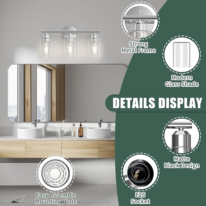 Espird Bathroom Vanity Light Fixtures Polished Chrome Bathroom Lighting Fixture, 3 Lights Bathroom Light Fixture Over Mirror, Modern Black Vanity Light, Wall Sconces with Glass Shades