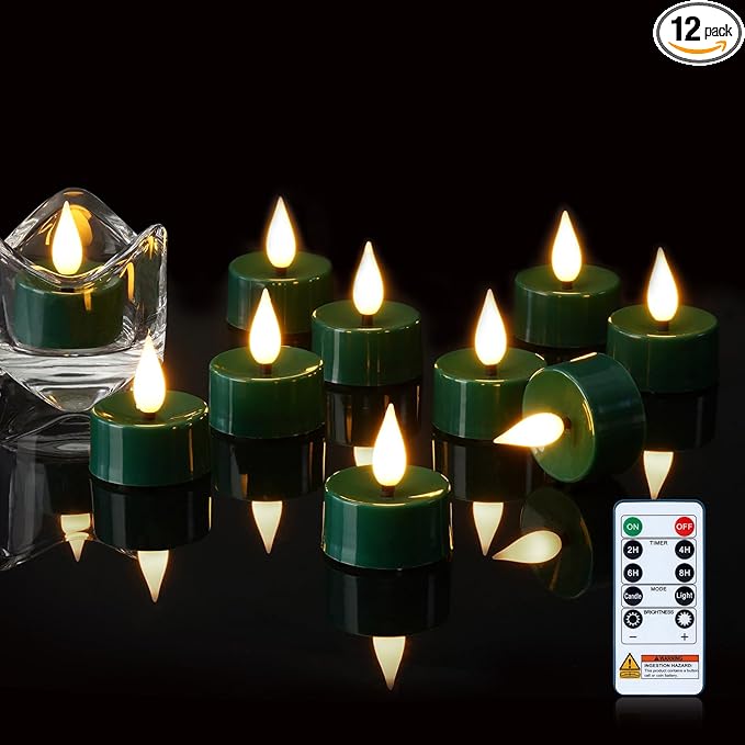 Amagic Flameless Green Timer Remote Tealights Candles, 3D Black Wick Flickering Tea Light, 300+Hour Colored Votive Candles Battery Operated, Set of 12 for Christmas, Theme Party, Holiday, Home Decor