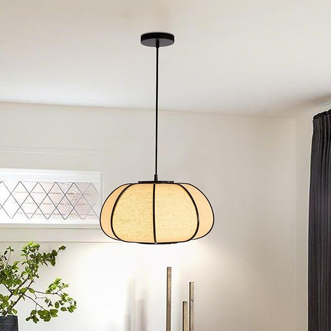 15" Bamboo Pumpkin Pendant Light, Adjustable 71" Hanging Lamp with Boho Japandi Fabric Shade, Ceiling Light for Dining Room, Kitchen, Bedroom, E26 Base (Black Color)