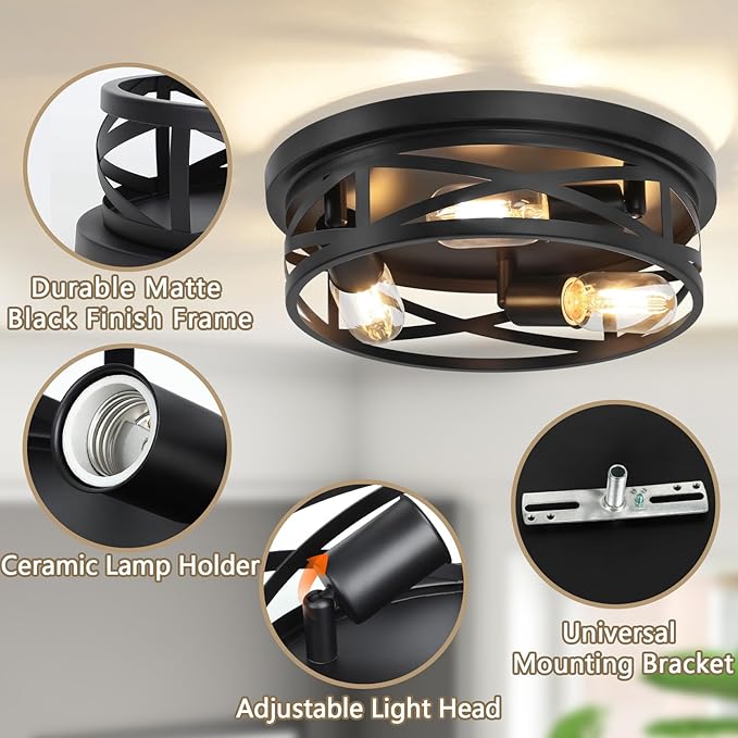 13-Inch Farmhouse Ceiling Light Fixture, 3-Light Flush Mount Light Fixture, Kitchen Lighting Fixtures Ceiling with Adjustable Head, Black Light Fixture for Bedroom Hallway Kitchen Entryway (1-Pack)