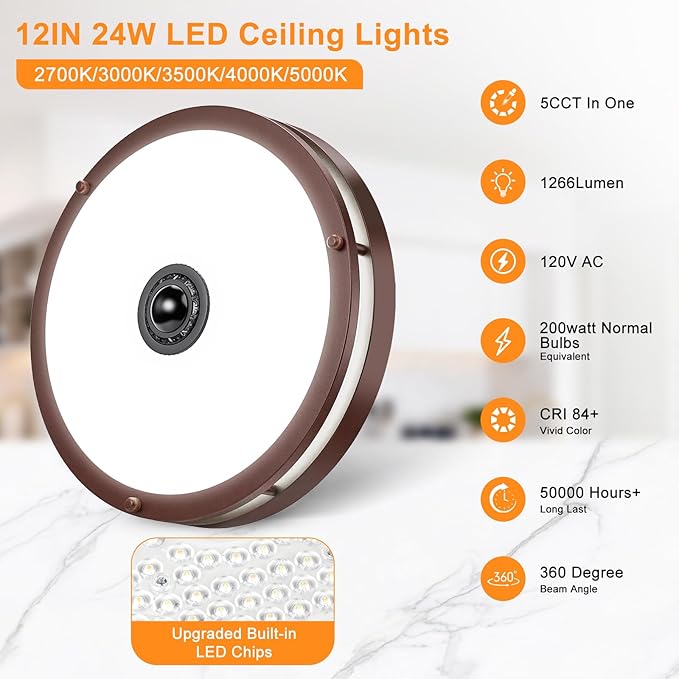 24W LED Motion Sensor Outdoor Ceiling Light, 12IN 2700K/3000K/3500K/4000K/5000K Brown Adjustable Ceiling Lights, Dusk to Dawn Flush Mount LED Ceiling Light Fixture for Porch, Garage