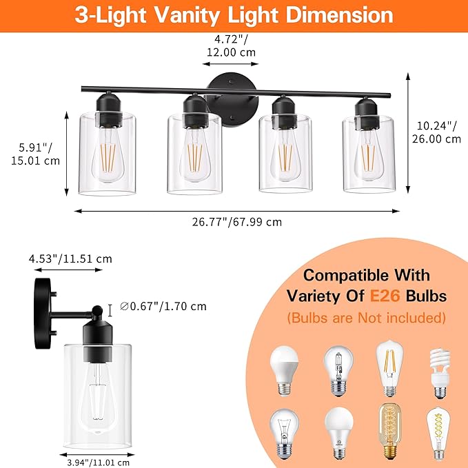 Espird 4 Light Bathroom Vanity Light Fixtures Black,Rustic Farmhouse Vanity Lighting Over Mirror Modern Industrial Lamp with Cylinder Glass Shade UL Certified