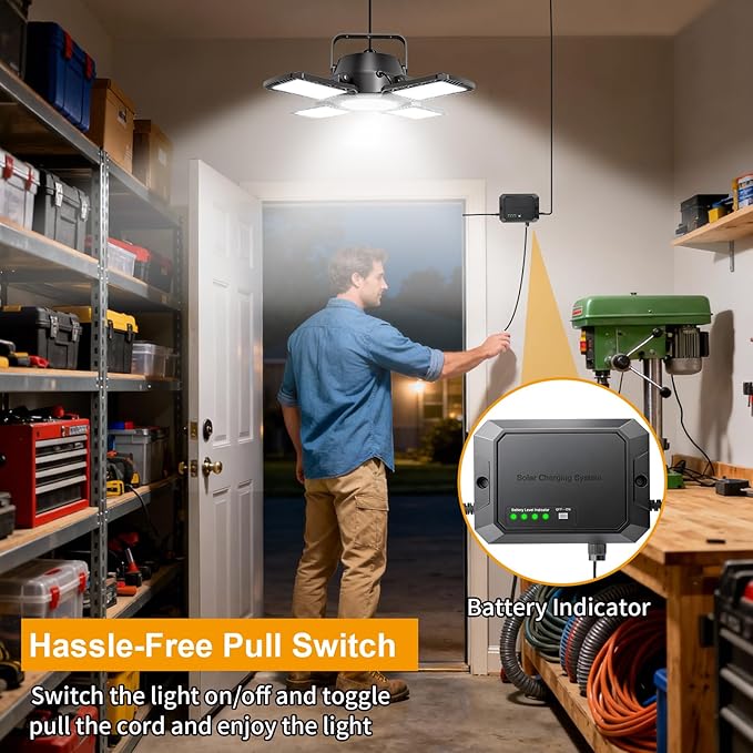 Auzev Solar Shed Light Indoor Outdoor, 172 LED Pendant Light with Pull Switch, Available Day & Night, 2000LM, 2 Dimmable, IP65 Waterproof Gazebo Light for Chicken Coop, Barn, Porch, Garage, Shop