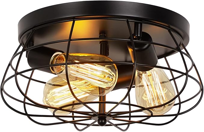 Farmhouse Flush Mount Ceiling Light Black Ceiling Light Fixtures 3-Light Industrial Flush Mount Ceiling Light Metal Cage Ceiling Lights for Kitchen Bedroom Living Room Hallway Foyer(E26 Base)