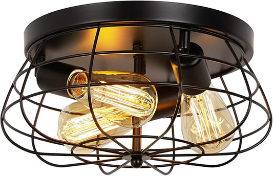 Farmhouse Flush Mount Ceiling Light Black Ceiling Light Fixtures 3-Light Industrial Flush Mount Ceiling Light Metal Cage Ceiling Lights for Kitchen Bedroom Living Room Hallway Foyer(E26 Base)