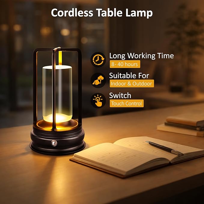 Cordless Table Lamp - 1 Pack Rechargeable 2000mAh Battery Operated LED Lamp with 3-Color Stepless Dimming, Touch Control, for Dining Room, Bedroom, Bar, Restaurant, Patio & Camping, Black