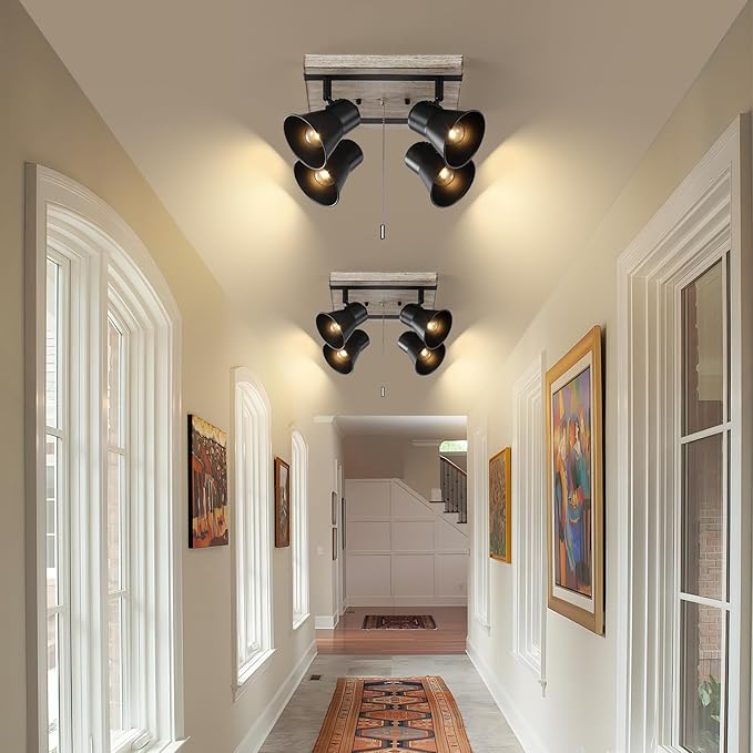 KEESFU 4 Light Kitchen Lighting Fixtures Ceiling Pull Chain Light,Farmhouse Flush Mount Ceiling Light with Rotatable Head,Rustic Light Fixtures for Dining Room Bedroom Hallway.