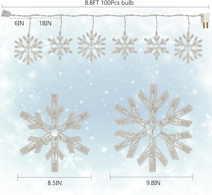 8.5 FT Snowflake Lights with 6 Drops, 100 Counts Clear Blubs Christmas String Lights, Plug in & Connectable Icicle Fairy Curtain Light Set for Xmas Home Indoor Outdoor Party Wedding Decorations