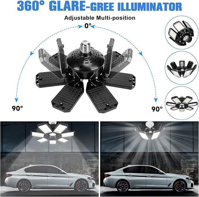 LED Garage Lights Bulb 2 Pack 180W 18000LM 6500K Led Shop Light with 7 Plus 1 Deformable Panels Basement Barn Ceiling Lights for E26/E27