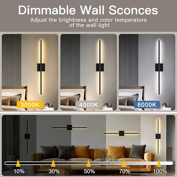 TaoFiaCo Battery Operated Wall Sconces Set of Two, Battery Wall Sconce with Remote Control, Black Modern LED Rechargeable Sconces, Wall Lights for Bedroom, Living Room, 2Pack, 31.5Inch