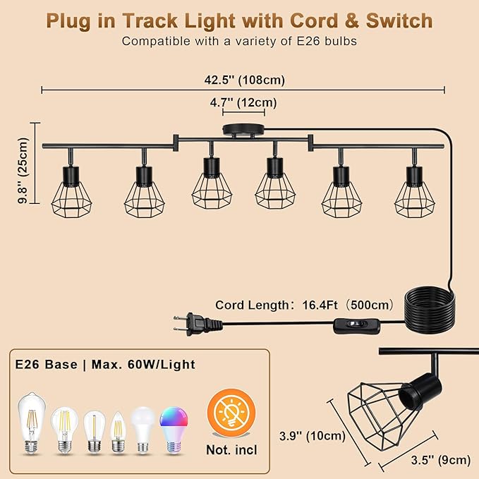 LTBLIGHT Plug in Track Lighting, 6-Light Rotatable Ceiling Light Fixture Black with 16.4ft Cord & On/Off Rocker Switch, Spotlight for Living Room Kitchen Bedroom, E26 Base