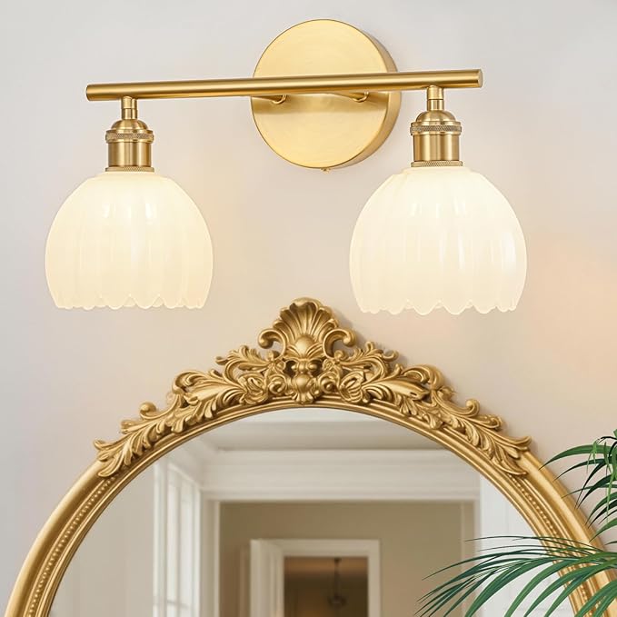 Gold Bathroom Light Fixtures Over Mirror, 2 Light Bathroom Vanity Light Fixture with Tulip Milk White Glass Lampshade, Vintage Vanity Lights for Bathroom, Bathroom Vanity Lights Over Mirror