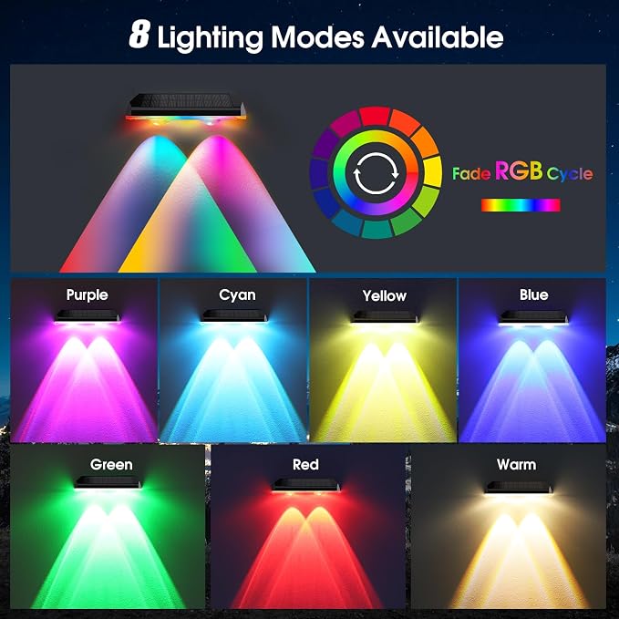 Solar Fence Lights Outdoor, Warm White & RGB Combo 8 Modes Color Changing Fence Lights Solar Powered for Outside, LED IP65 Waterproof Solar Patio Light for Step, Pathway, Garden, Deck, Stairs - 8 Pack